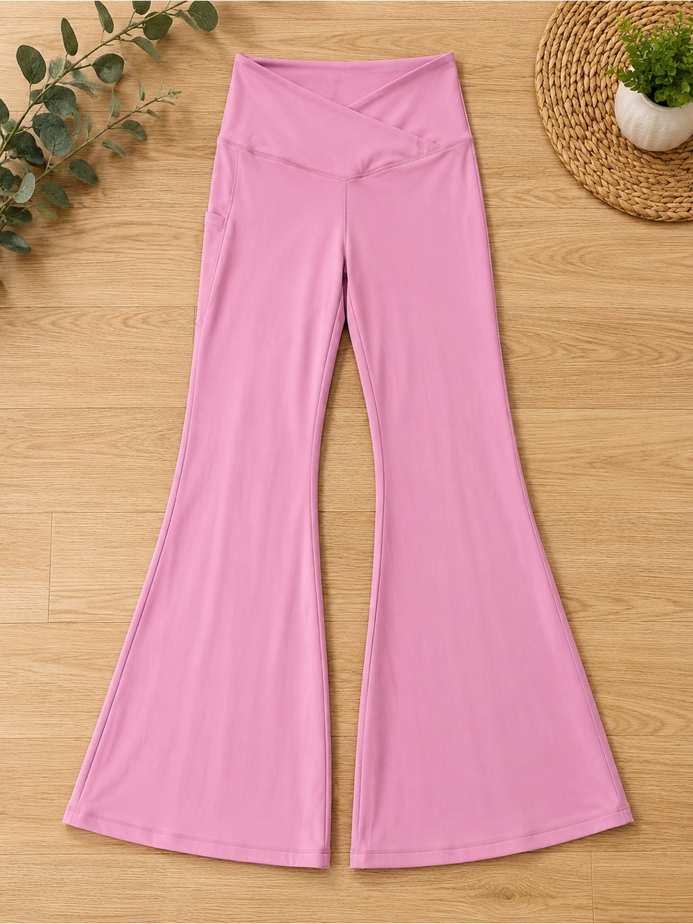 Social Tourist Pink Crossover Waist Flare Yoga Pants SR